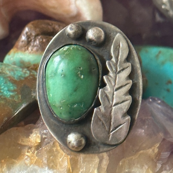 Vintage green turquoise signed 925 solid sterling silver ring - Rings